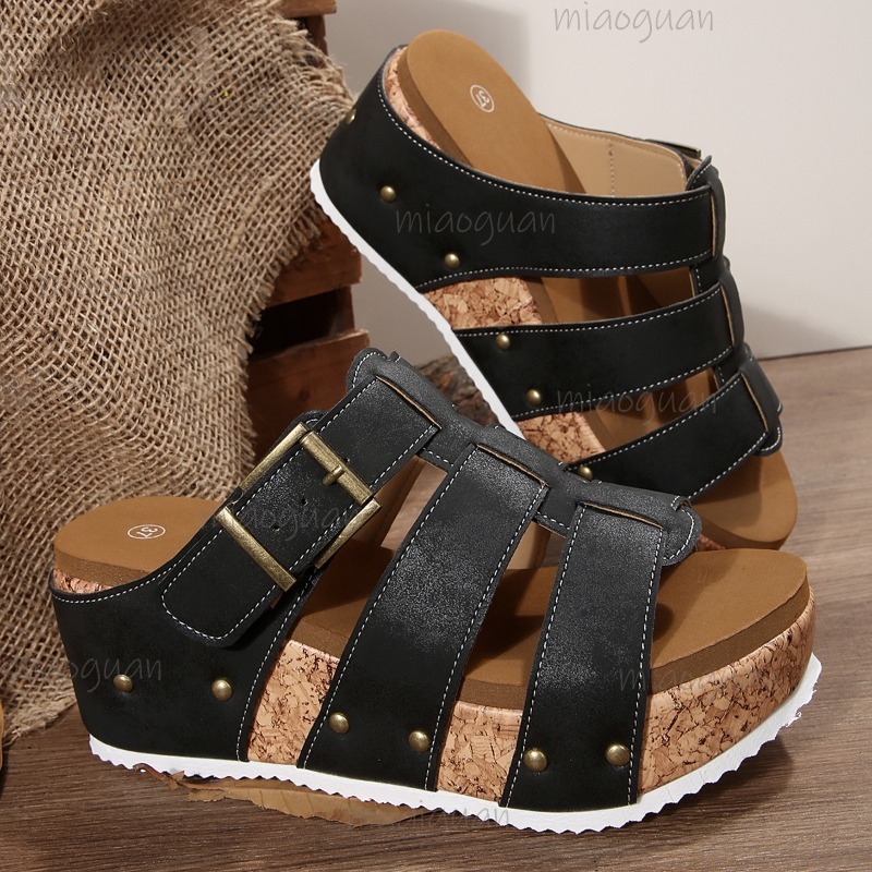 Vintage Outdoor Fashion - Vintage Tokalı Kayışlı Dolgu Topuklu Terlik
